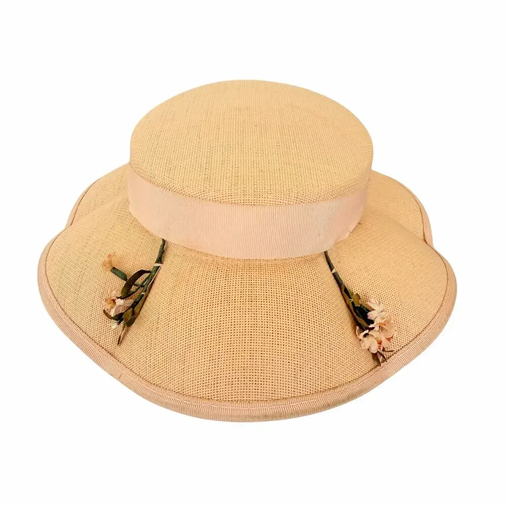 Vintage Straw Boater Sun Hat Wide Brim Ribbon Cottagecore